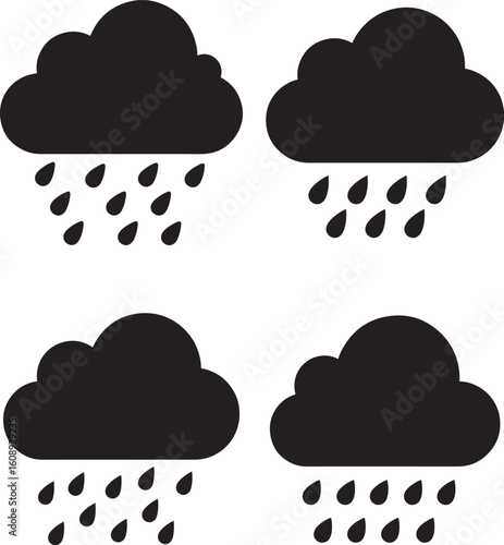 Four black clouds raining drops silhouette