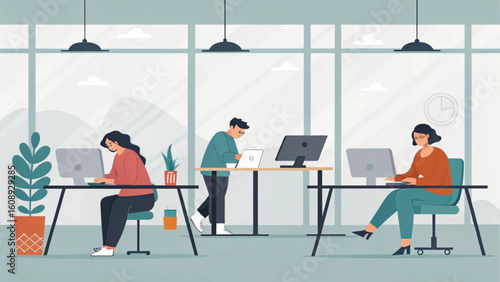 Modern co-working space illustration, ideal for website banners or brochures promoting flexible work environments.