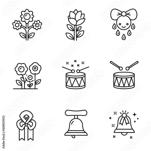 Simple outlined icons of flowers drums bells and other decorative elements in black and white