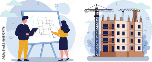 Construction managers and architects reviewing blueprints for a new building project, overseeing collaborating on future real estate ventures.