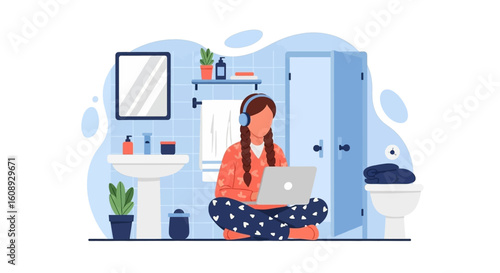 Woman working on laptop in bathroom, perfect for blog post about work-life balance or remote work.