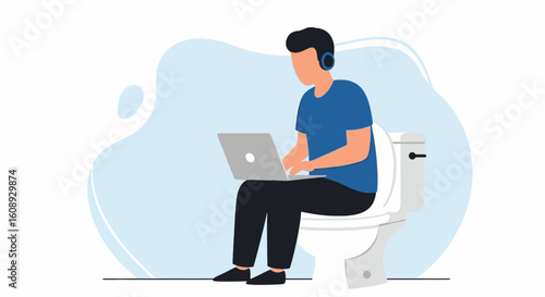 Man working on laptop while sitting on toilet, illustration for blog post or article about remote work.