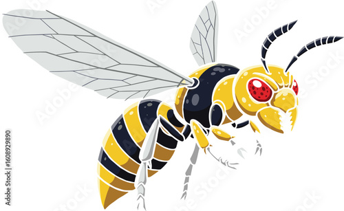 Aggressive Yellow Jacket Wasp with Red Eyes in Attack Pose, Menacing Flying Insect Illustration for Danger, Pest Control, and Summer Warnings.