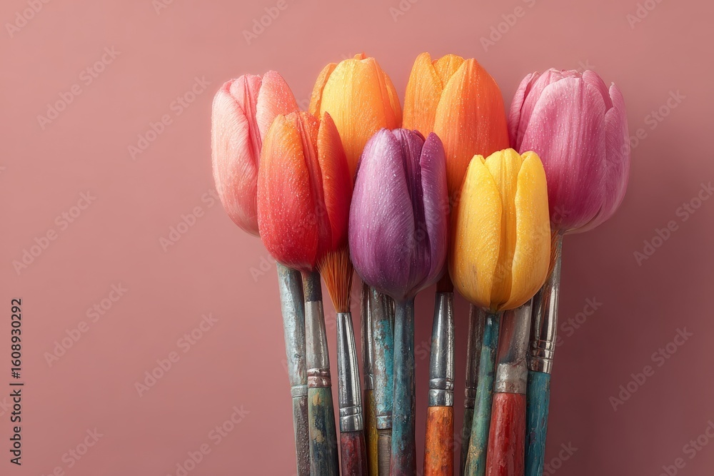 Colorful tulip-inspired paintbrushes create a vibrant artistic display against a soft pink background