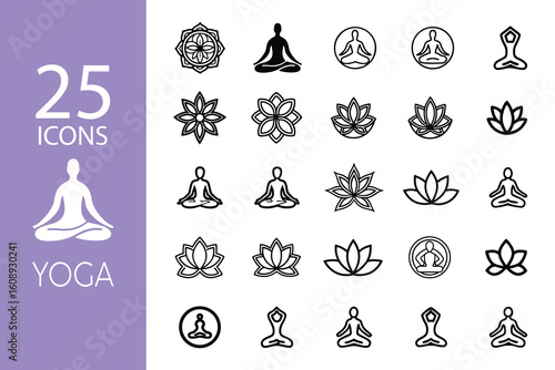 Collection of 25 yoga and meditation icons and symbols in a clean modern design