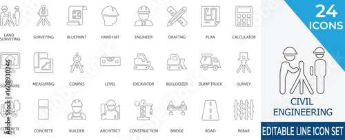 A modern line icon set illustrating core elements of civil engineering including land surveying,   construction vehicles and structural planning. Perfect for use in engineering presentations, 