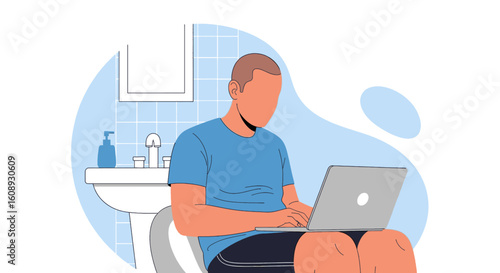 Man working on laptop in bathroom, perfect for articles on work-life balance or remote work.