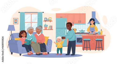 Happy multigenerational family at home: grandparents reading with granddaughter, father playing with toddler, mother cooking. Ideal for family blogs, websites, and brochures.