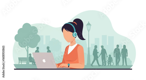 Woman working on laptop in park, perfect for website banners or blog posts about remote work, freelance, or outdoor productivity.