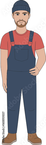 Bearded Male Worker in Overalls and Beanie Standing Confidently - Industrial Laborer Illustration for Construction, Craftsmanship, and Skilled Trades Concepts