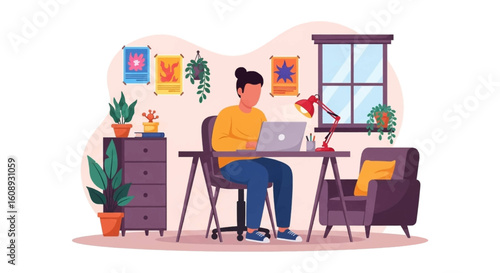 Person working from home at a desk with plants and a laptop. Perfect for blogs, websites, and articles about remote work, freelance, or home office.