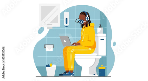 Person working on laptop while sitting on toilet in bathroom - Illustration for articles about work-life balance, remote work, or unusual workspaces.