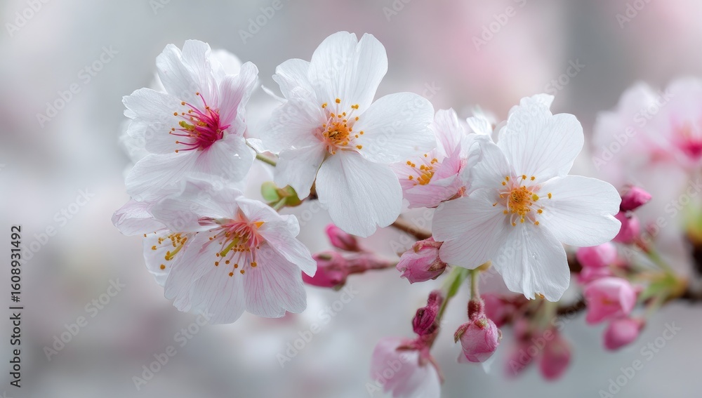 Close-up of delicate, white cherry blossoms with hints of pink Close-up of delicate, white cherry blossoms with hints of pink