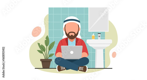 Arab businessman working on laptop in modern bathroom, ideal for website or brochure.