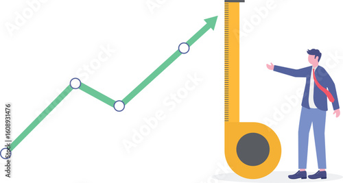 growth metric analysis concept, smart businessman using measuring tape to measure and analyze distance from target flag.
