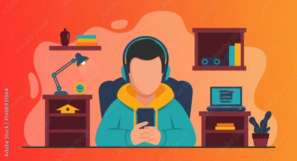 Fototapeta premium Person using smartphone and headphones at home office desk, ideal for blog posts about remote work or online learning.