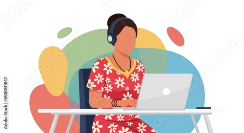 Woman with headphones working on laptop, perfect for websites or blogs about remote work, technology, or communication.