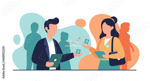 Businesspeople exchanging money, growth chart in background - perfect for finance, investment, or business growth presentations.