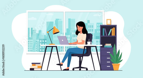 Young woman working on laptop in modern office with city view. Ideal for website banners, blog posts, or presentations about remote work, freelancing, or productivity.
