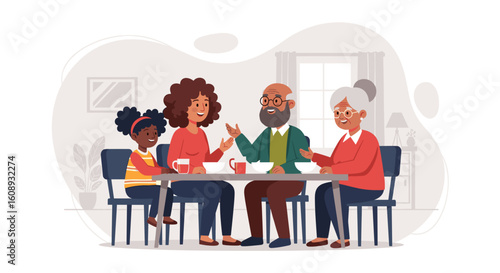 Happy multigenerational family enjoying a meal together at home. Perfect for family, togetherness, and generational themes.