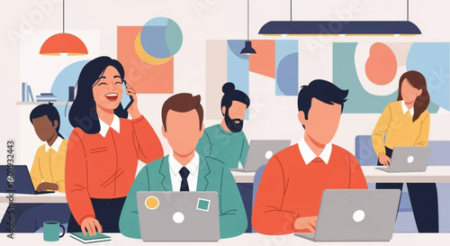 Diverse team of coworkers collaborating in a modern office, ideal for website banners or company brochures.