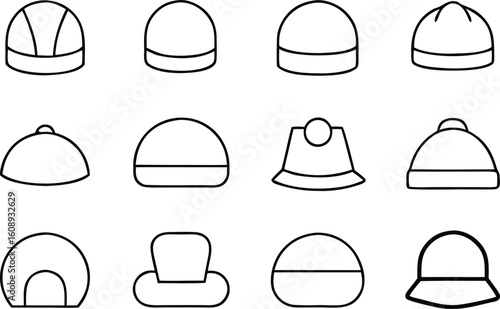 Collection of simple line drawing illustrations of various winter hats and beanies