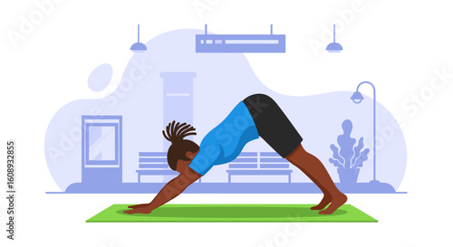 Man doing downward-facing dog yoga pose outdoors, perfect for wellness websites and brochures.