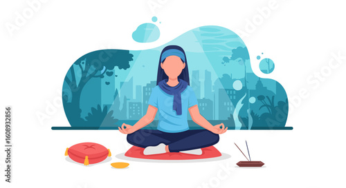 Woman Meditating in Lotus Position, Urban Background - Perfect for Wellness Websites and Blogs