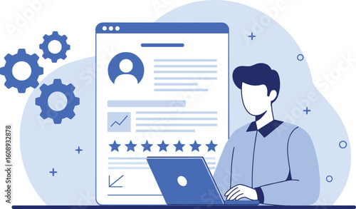 Customer Portal User Experience: Man Accessing Online Account, Managing Profile, Customer Service, Feedback, and Digital Support Platform flat vector illustration