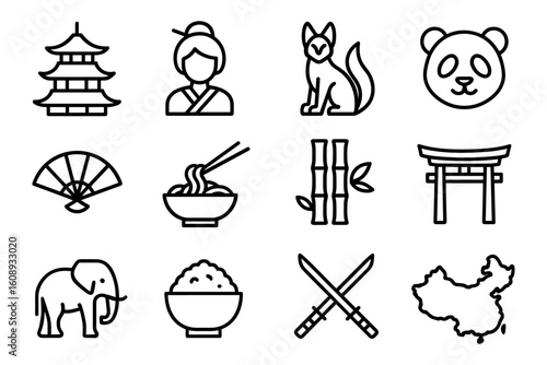 Minimalist asian themed icons featuring japan and china cultural symbols