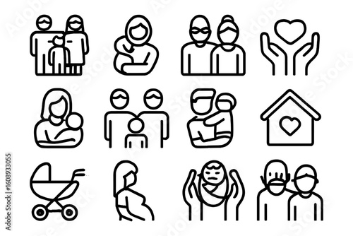 Family and parenthood icons: linear design depicting relationships and care