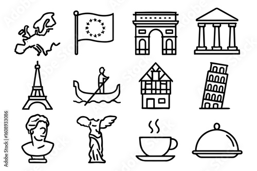 Iconic european landmarks and symbols in minimalist line art style
