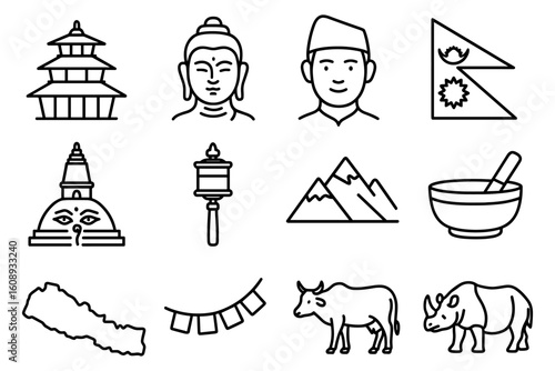 Nepal icons set: landmarks, culture, and wildlife in minimalist linear design