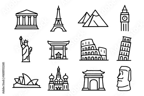 Iconic landmarks line art: global monuments in simple outline style