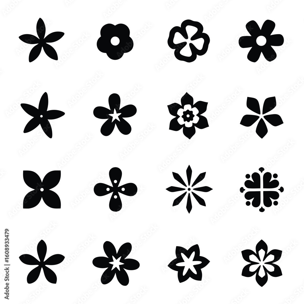 Fototapeta premium Various Black Flower Silhouettes floral bloom