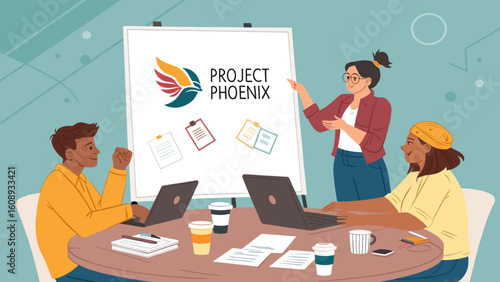 Diverse team brainstorming around a table, presenting Project Phoenix; ideal for business presentations and website landing pages.