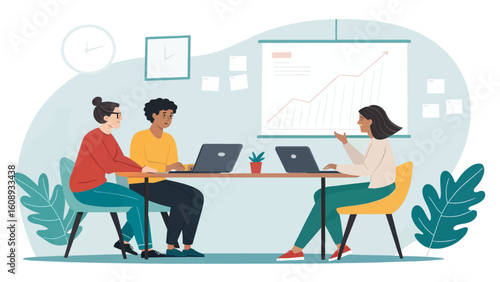 Diverse team collaborating on project, laptops, growth chart, modern office. Ideal for website landing page or business brochure.