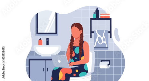 Woman working on laptop in bathroom, perfect for articles about remote work, work-life balance, or modern lifestyle.