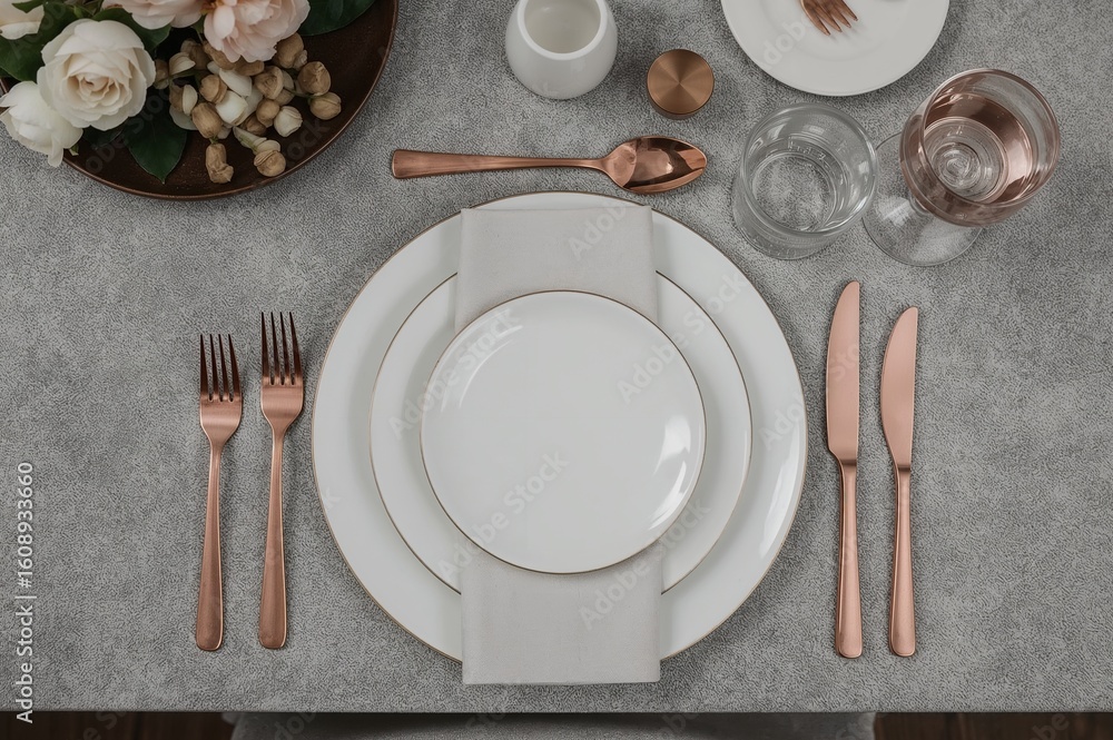 Elegant Table Setting with Rose Gold Cutlery, White Plates, Neutral Tones, and Floral Accent for Modern Dining Elegant Table Setting with Rose Gold Cutlery, White Plates, Neutral Tones, and Floral Accent for Modern Dining