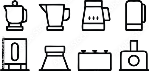 Collection of eight different kitchen appliance icons in a simple line art style
