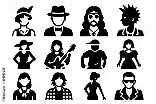 Diverse silhouette collection of iconic fashion and music styles