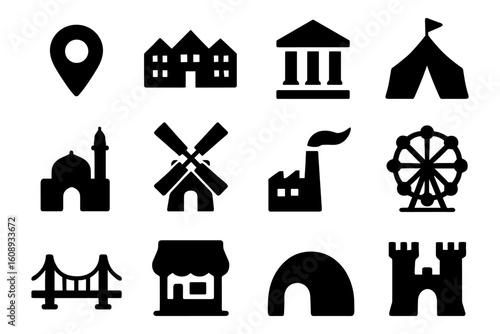 Collection of black silhouette icons featuring buildings and structures