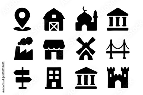 Set of silhouette icons featuring buildings and landmarks in minimalist style