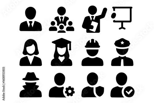 Profession silhouette icons: business, education, engineering, law enforcement, and more
