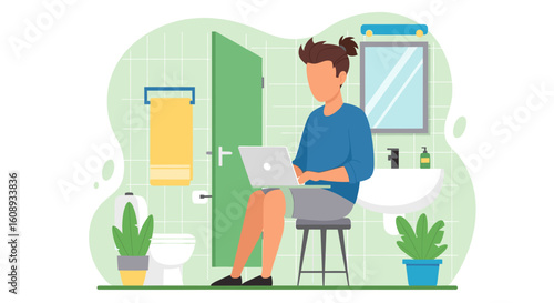 Man working on laptop in bathroom, illustration for articles about remote work, work-life balance, or unusual workspaces.
