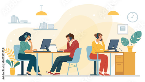 Customer support team working in a modern office. Ideal for websites, presentations, and brochures.