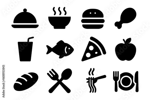 Food icons: silhouette style featuring pizza, burger, and more