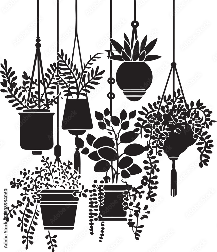 Naklejka premium Black silhouette hanging houseplants on white background