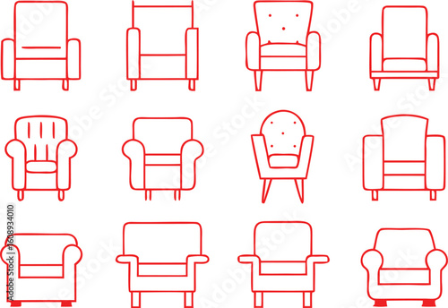Collection of twelve different armchair and recliner furniture illustrations in outline style