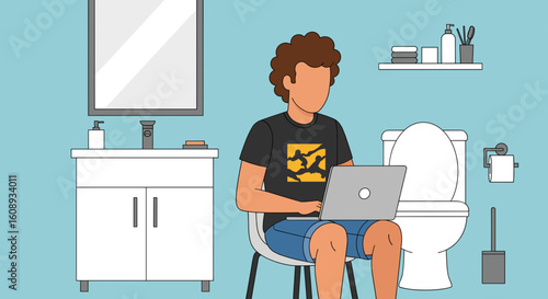 Man working on laptop in bathroom - perfect for articles on remote work, work-life balance, or humor.
